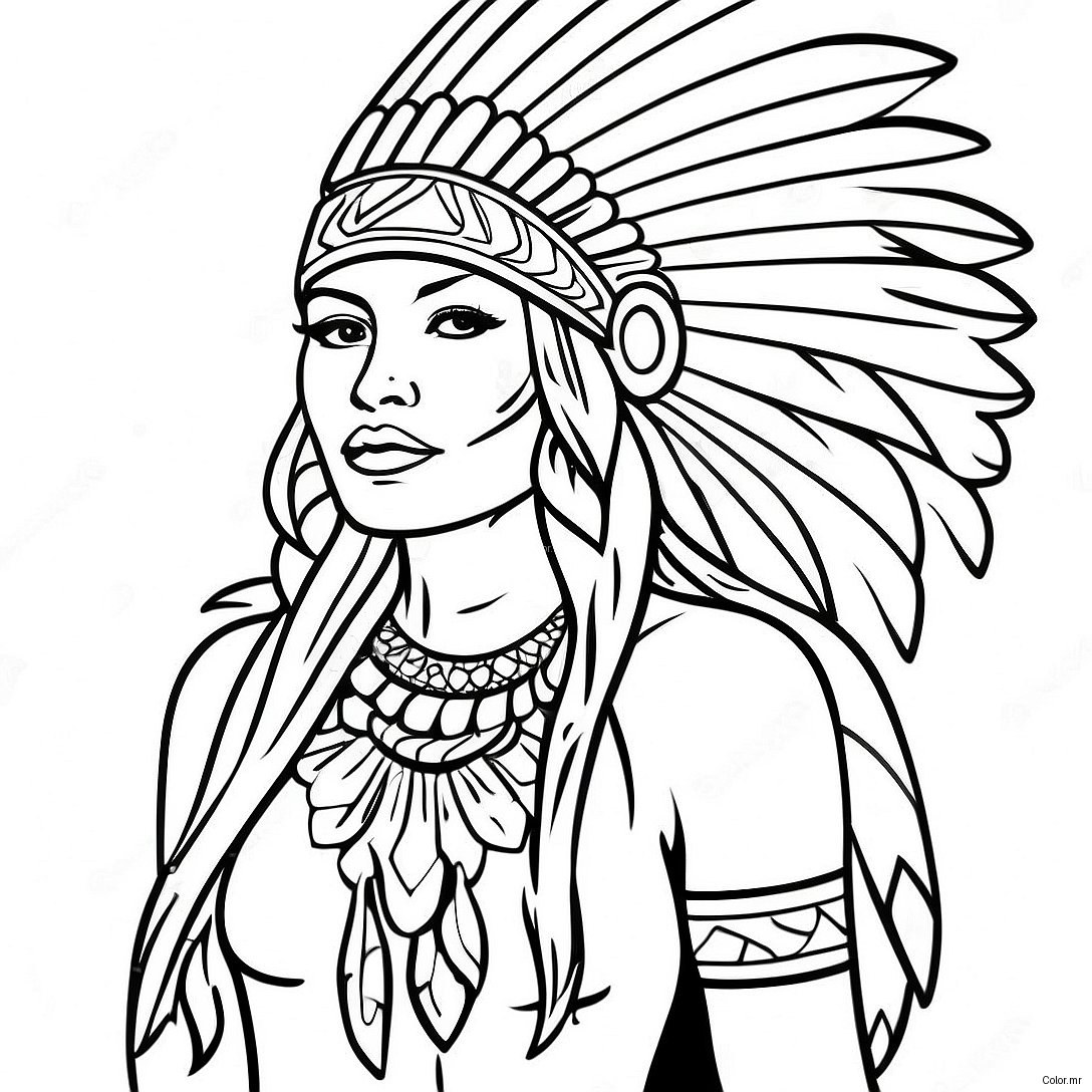 Beautiful Native American Woman With Feathered Headdress Coloring Page 69824 57524